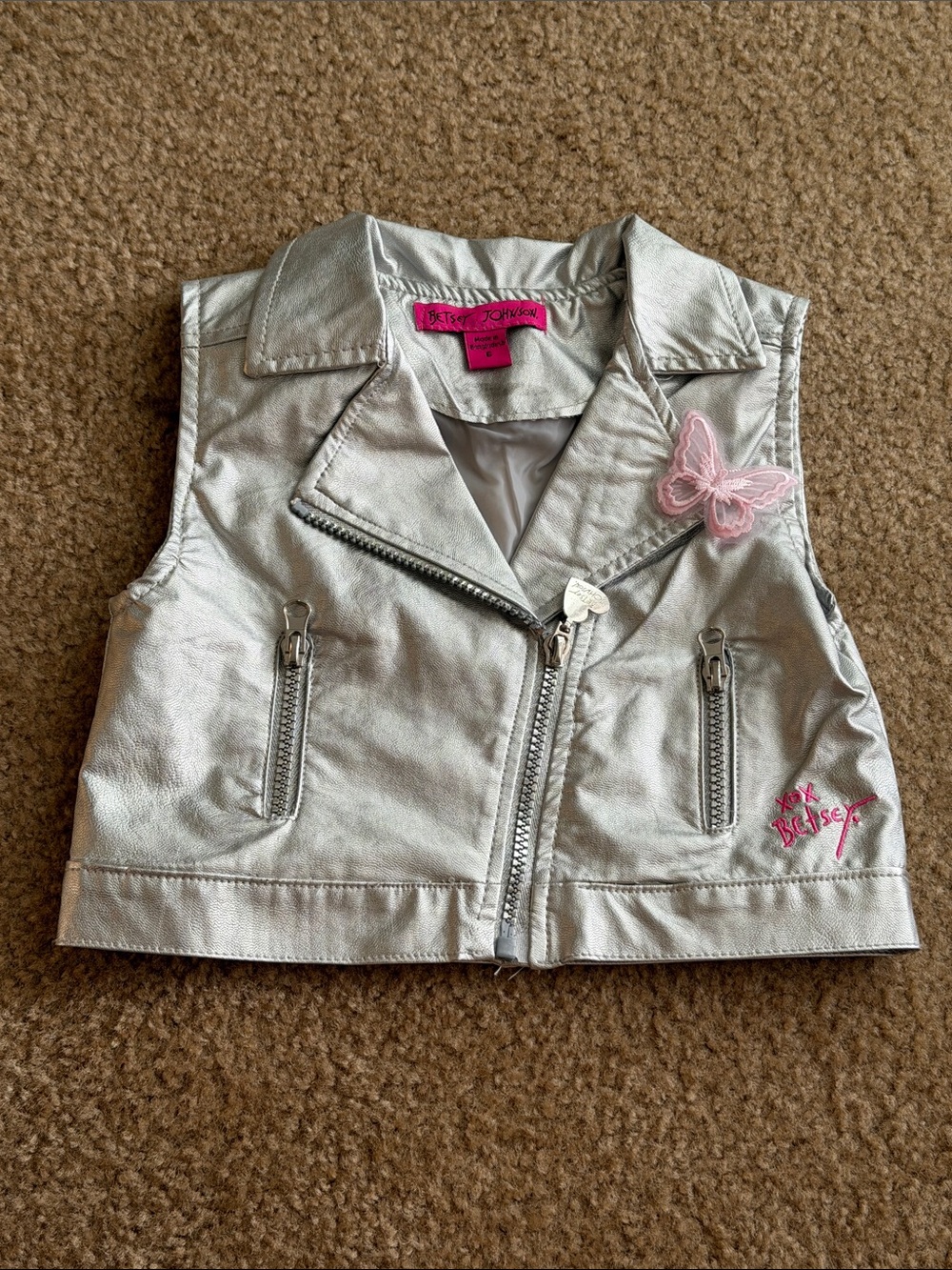 Betsey Johnson Girls' Silver Metallic Moto Vest with Pink Butterfly Applique